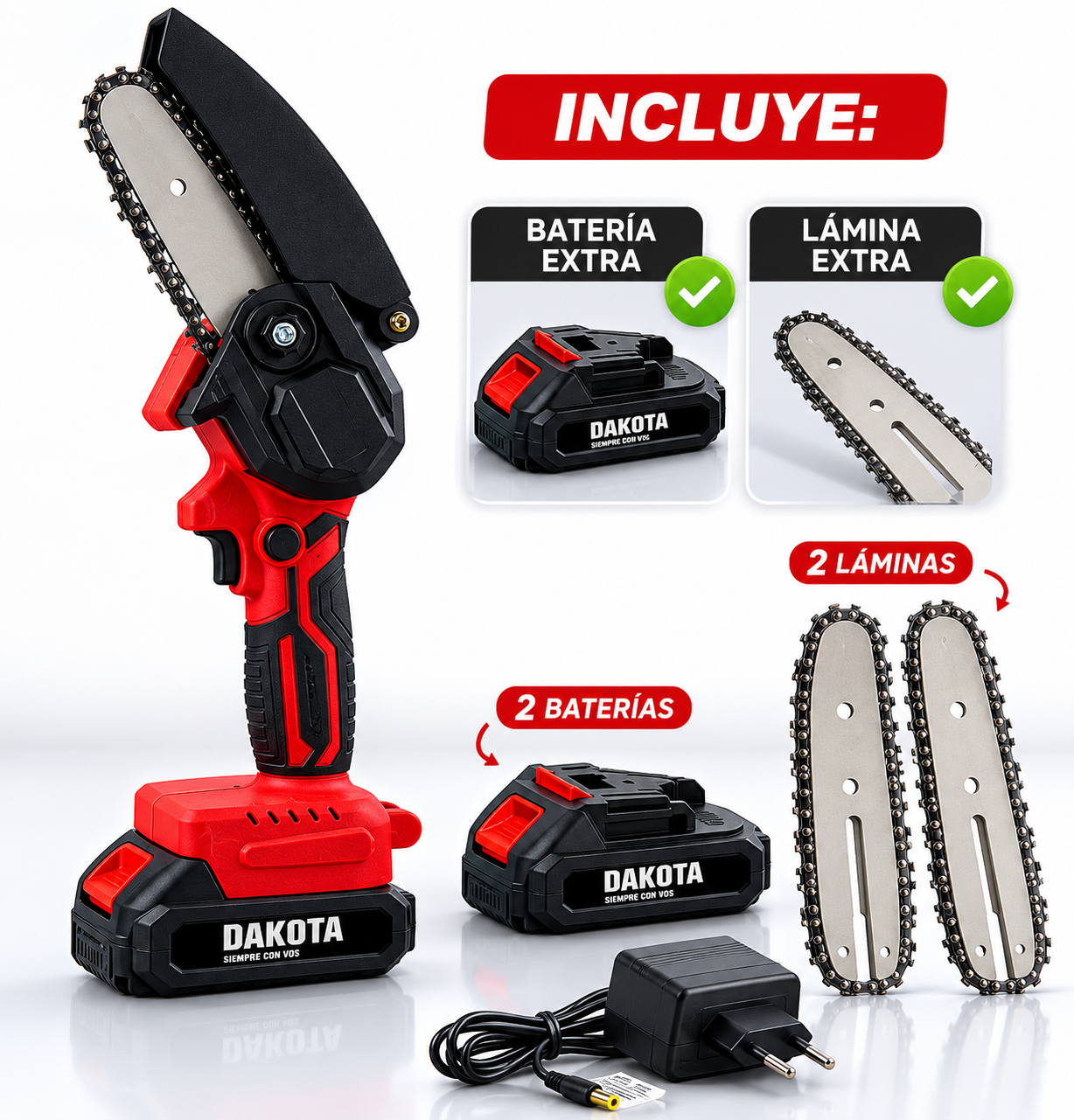 Mini Motosierra A Bateria Dakota Portatil 21/24V con Doble Espada y Doble Batería