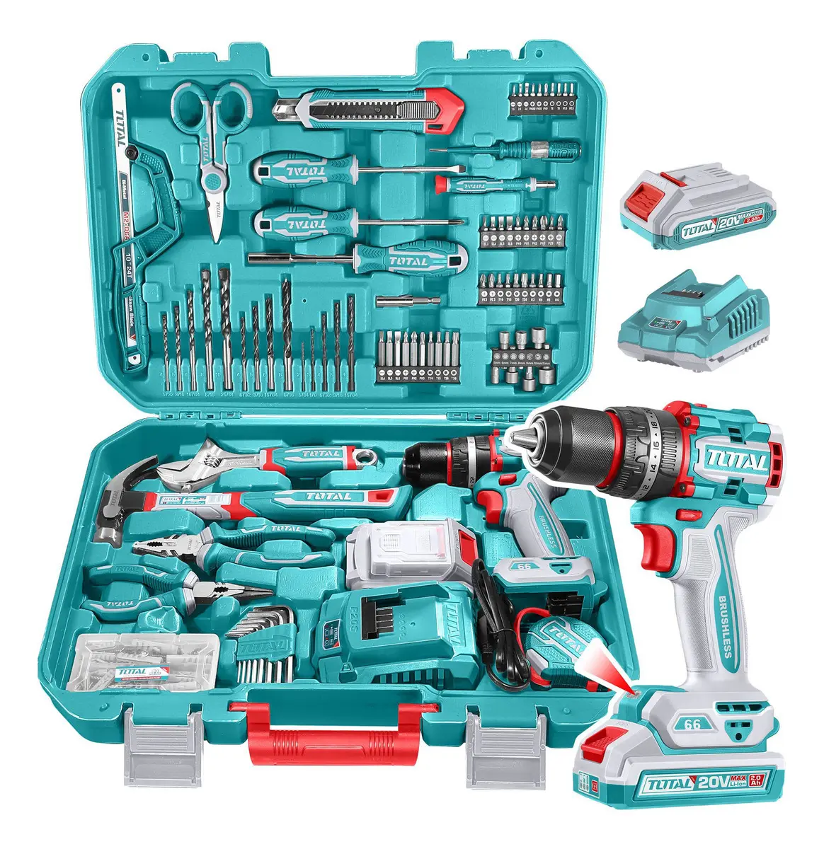Set 166 Piezas Total: Taladro Percutor Y Atornillador 66nm Sin Carbones, Con Batería 2.0ah, Cargador, Herramientas Manuales Y Maletín THKTHP41667